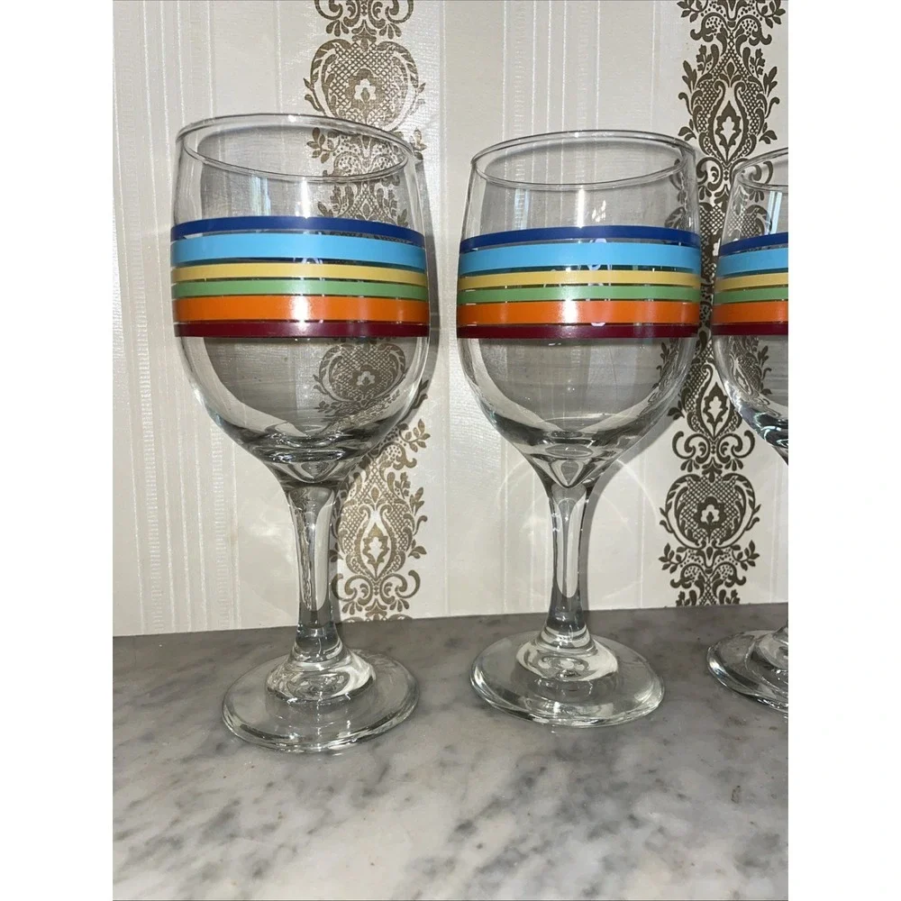 3 Vintage Libbey Fiesta Mambo Colored Stripe Wine Water Tea Glasses 8 oz 7